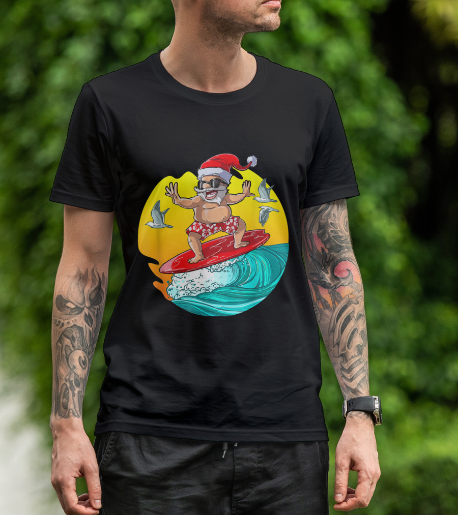 Christmas In July Surfing Santa Hawaii Adventure With Sunglasses And Seagulls T-Shirt