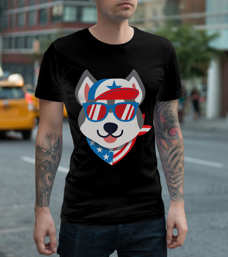Husky with American Flag Sunglasses and Patriotic Bandana T-Shirt