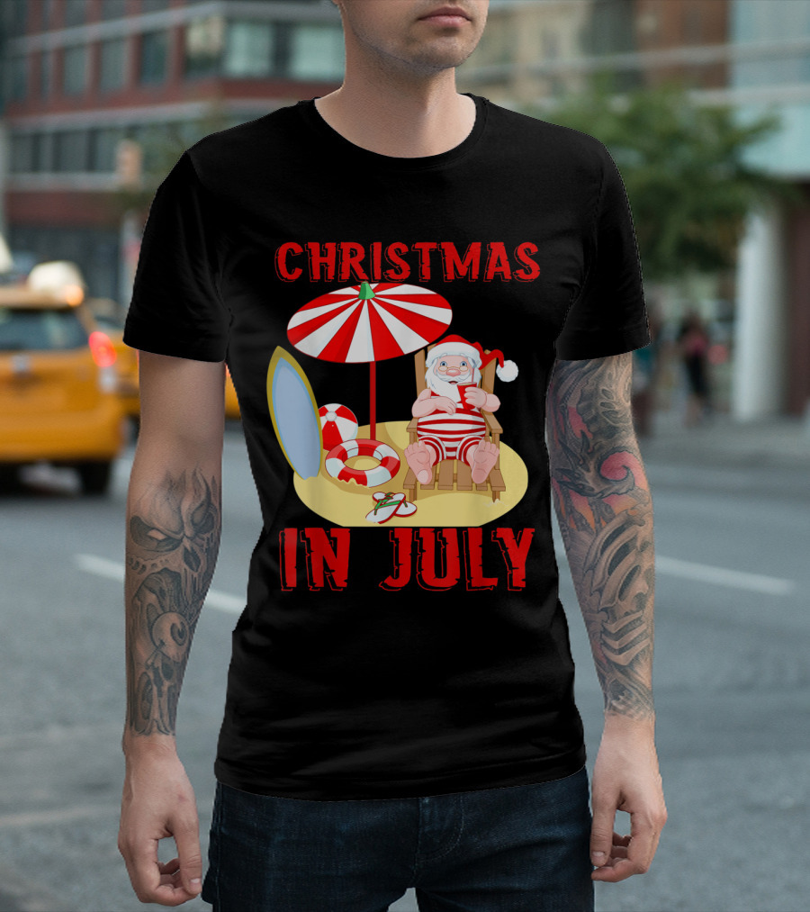 Christmas In July Santa Summer Celebration Beach Scene T-Shirt