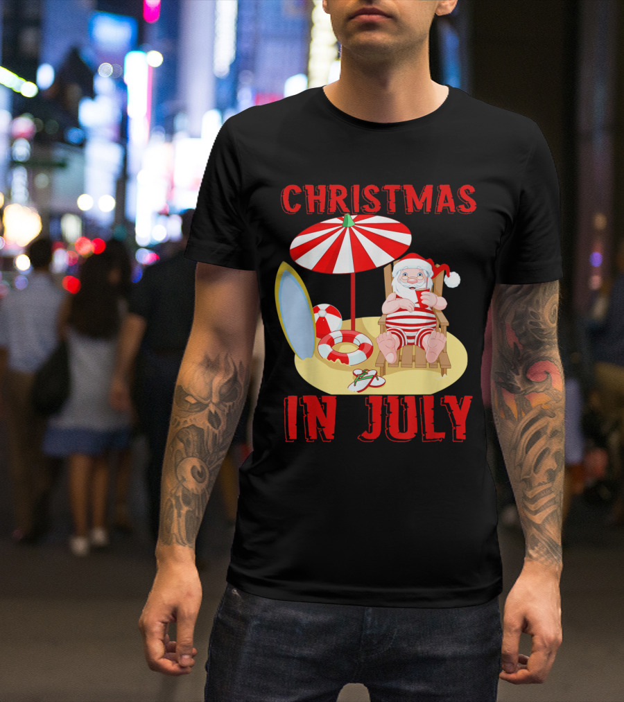 Christmas In July Santa Summer Celebration Beach Scene T-Shirt