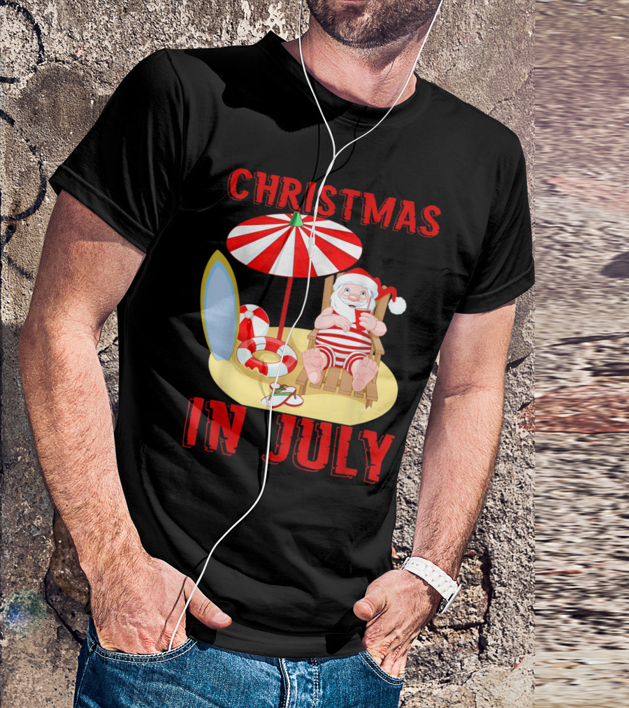 Christmas In July Santa Summer Celebration Beach Scene T-Shirt
