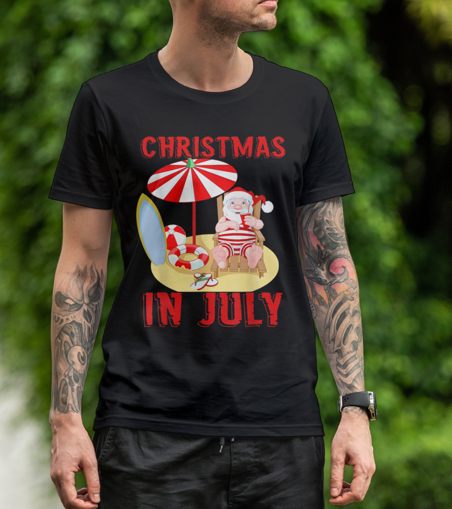 Christmas In July Santa Summer Celebration Beach Scene T-Shirt