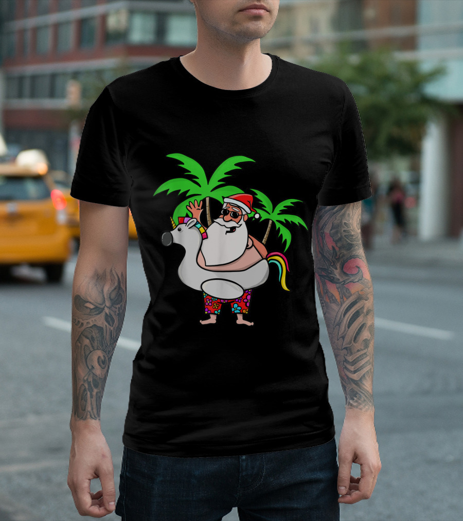Santa Enjoying a Tropical Vacation with Unicorn Float and Palm Trees - Christmas in July T-Shirt