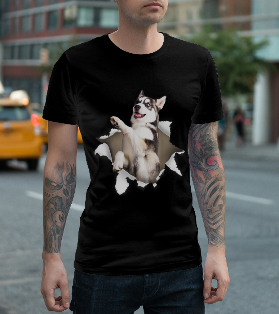 Husky Torn Paper Effect Playful 3D Illusion Image T-Shirt