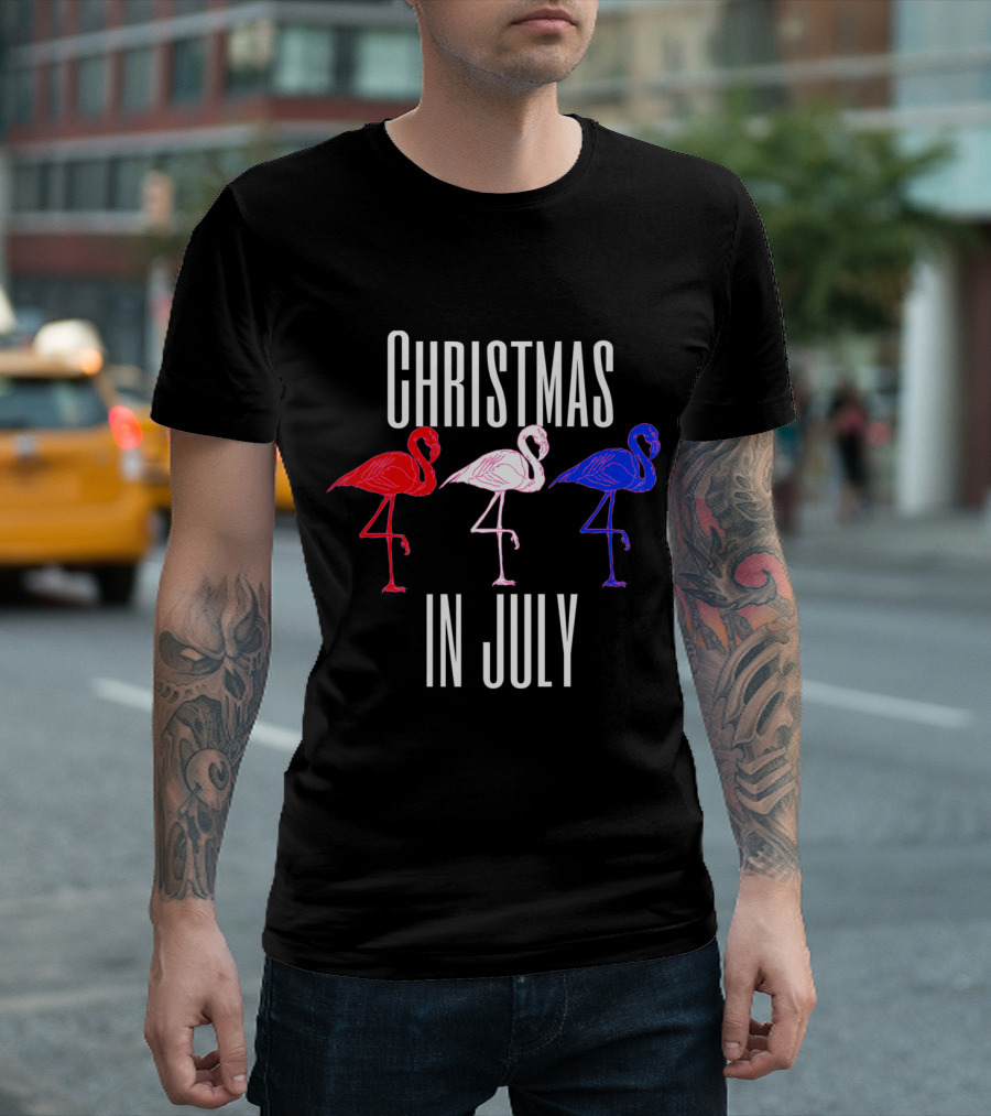 Christmas In July Funny Red White Blue Flamingos T-Shirt