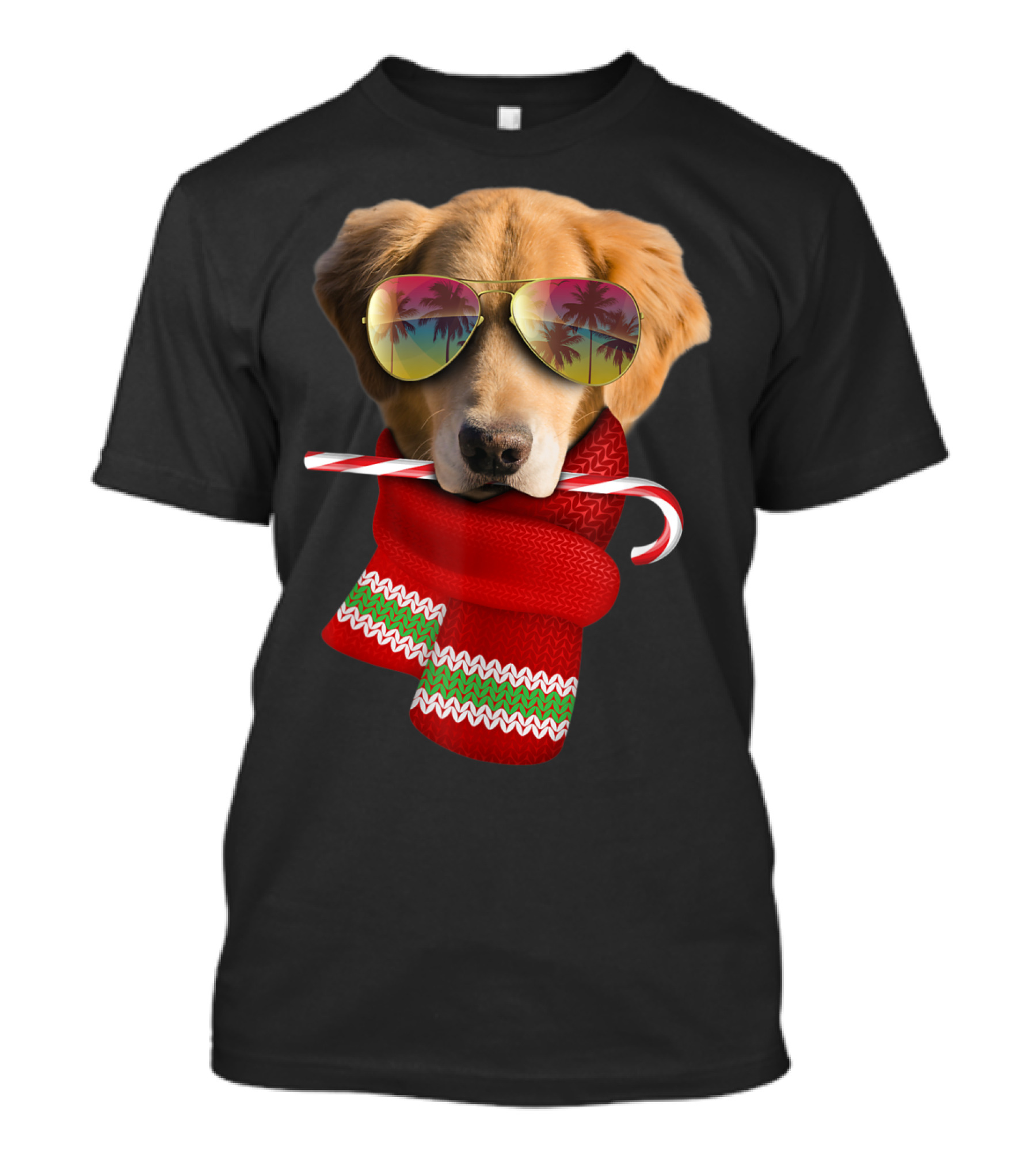 Christmas In July Golden Retriever Sunglasses Candy Cane Scarf T-Shirt