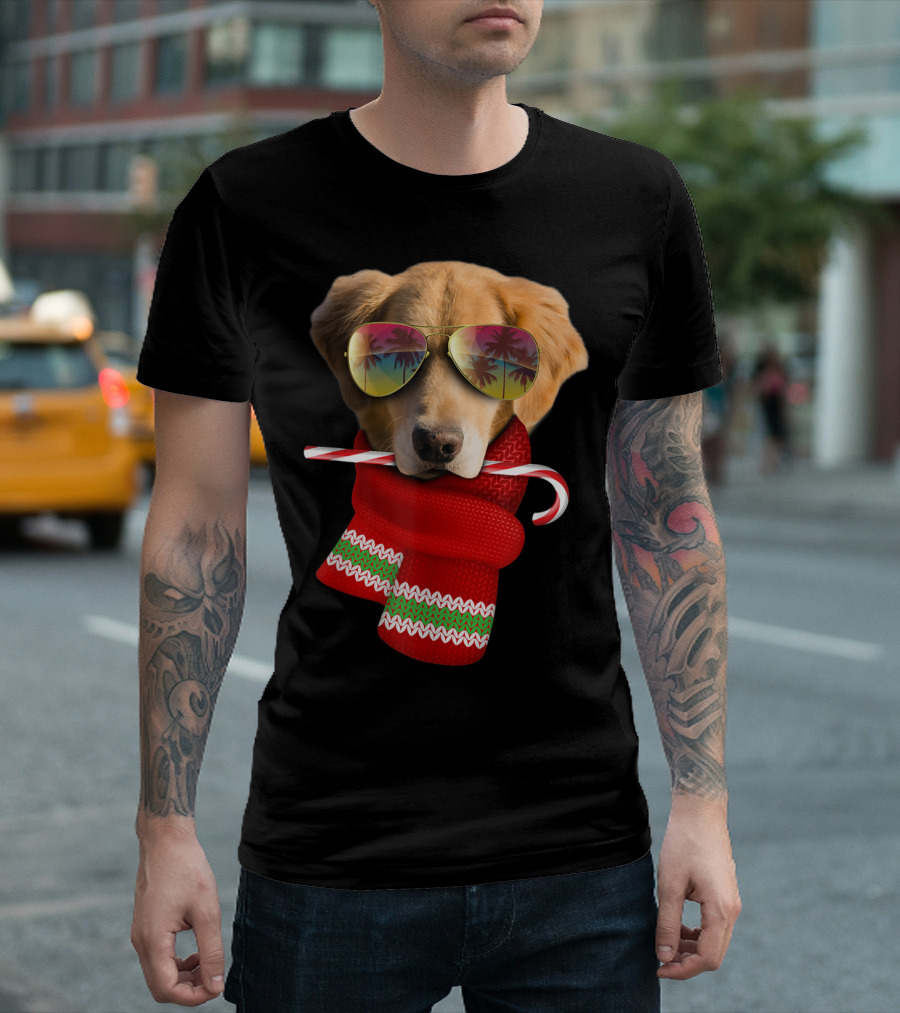 Christmas In July Golden Retriever Sunglasses Candy Cane Scarf T-Shirt