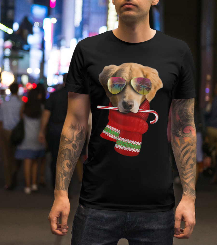 Christmas In July Golden Retriever Sunglasses Candy Cane Scarf T-Shirt