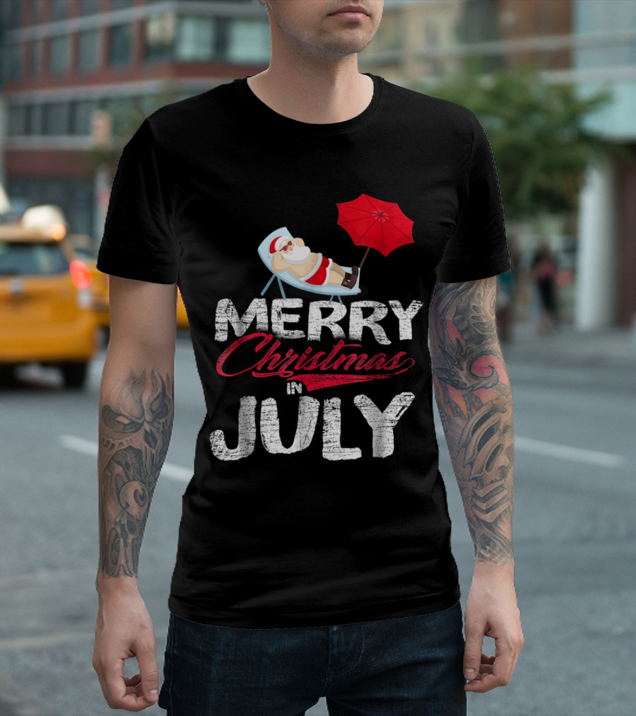 Merry Christmas in July Santa Relaxing Under Umbrella T-Shirt
