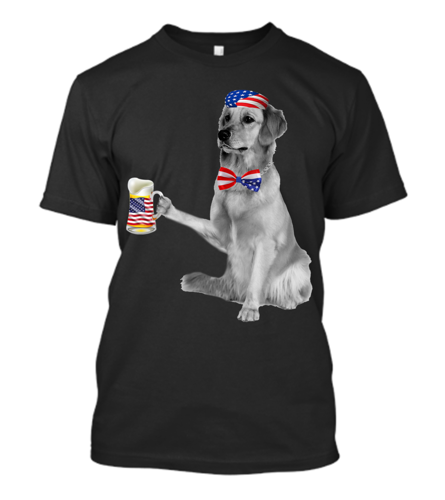Golden Retriever With American Flag Accessories Holding Beer Mug T-Shirt