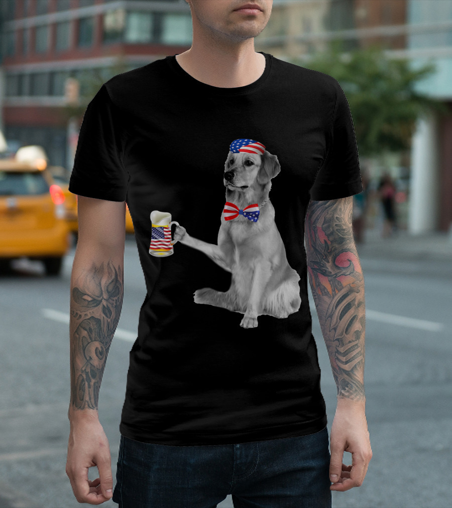 Golden Retriever With American Flag Accessories Holding Beer Mug T-Shirt