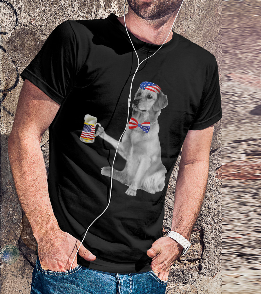 Golden Retriever With American Flag Accessories Holding Beer Mug T-Shirt