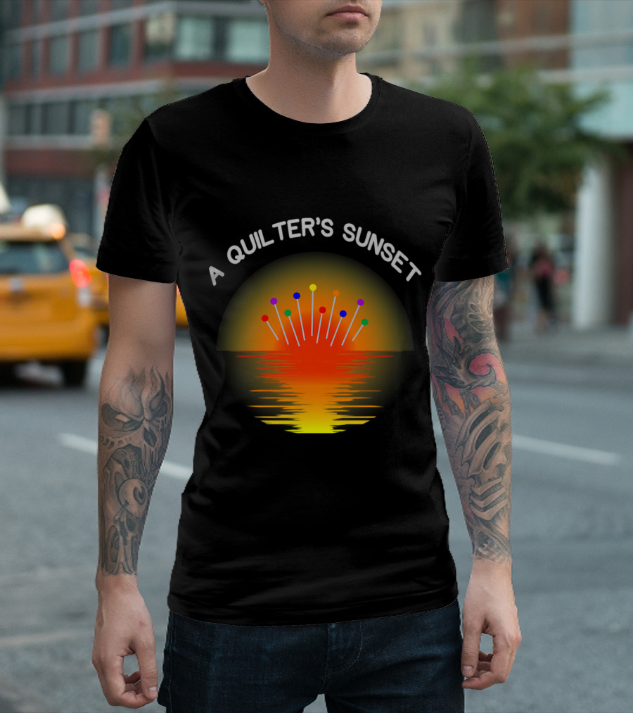 A Quilter's Sunset: Vibrant Sunset with Colorful Pins Reflected T-Shirt