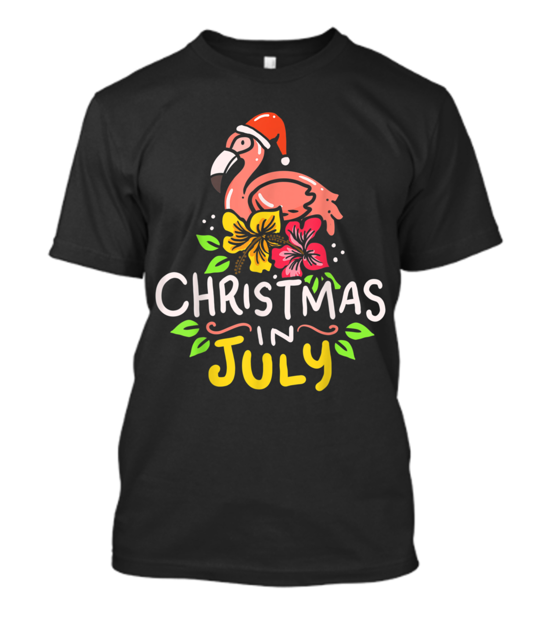 Christmas In July Flamingo Santa Festive Tropical Blooms T-Shirt