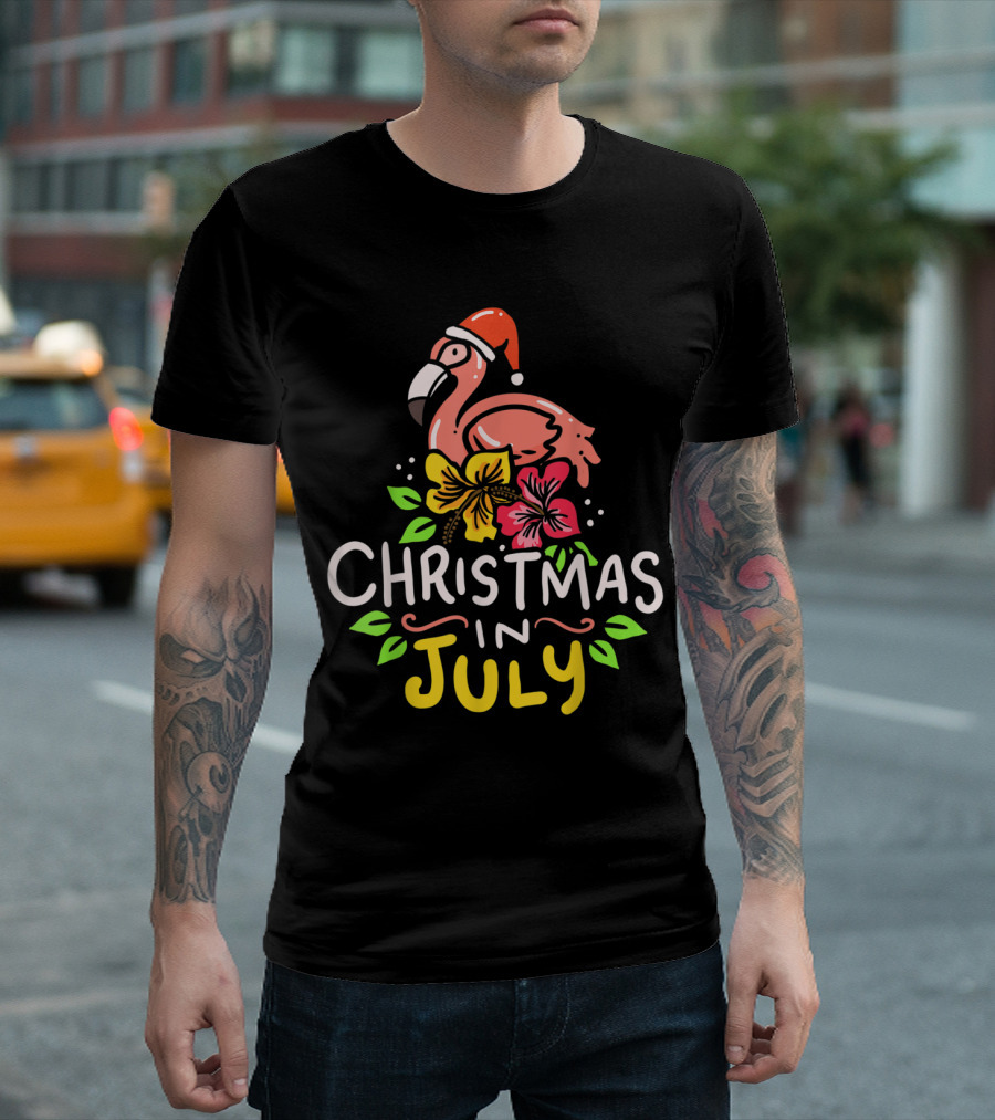 Christmas In July Flamingo Santa Festive Tropical Blooms T-Shirt