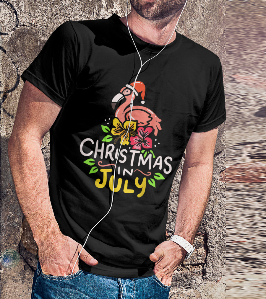 Christmas In July Flamingo Santa Festive Tropical Blooms T-Shirt