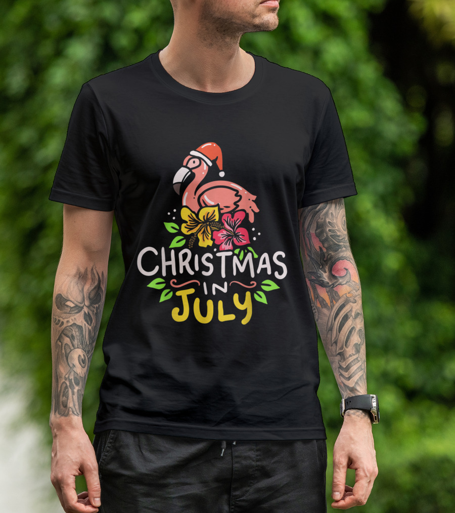 Christmas In July Flamingo Santa Festive Tropical Blooms T-Shirt