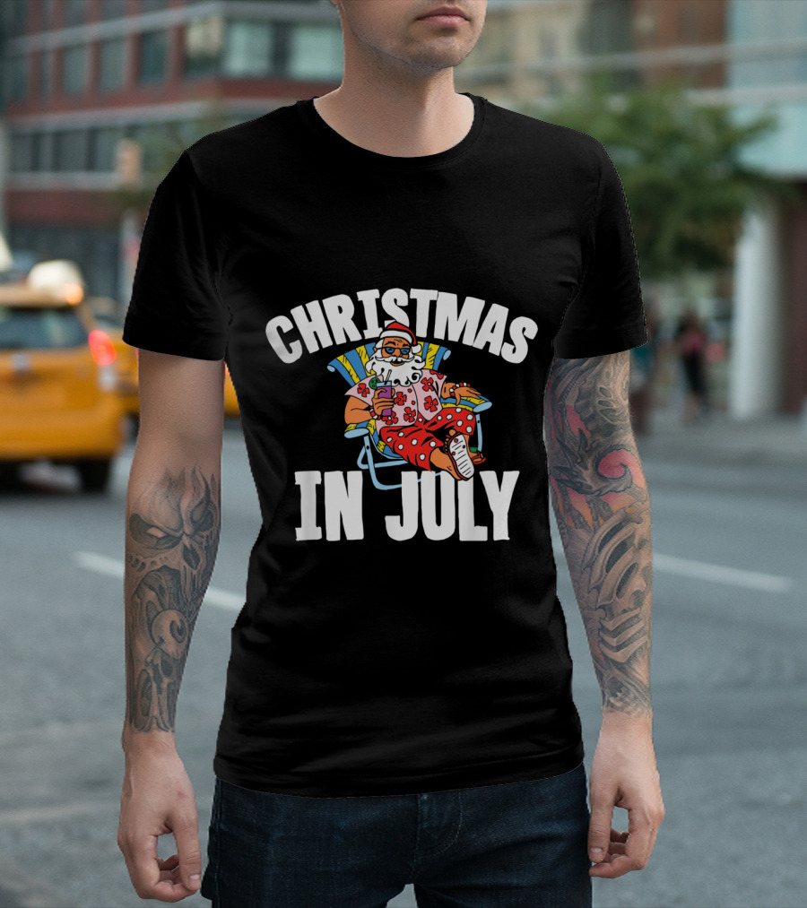 Christmas in July Santa Relaxing in Summer Beach Chair with Drink and Festive Attire T-Shirt
