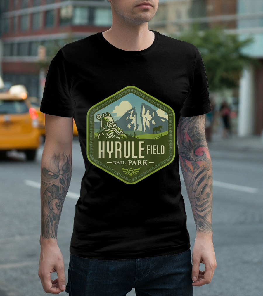 Hyrule Field National Park Teton Hiking Badge with Iconic Mountain and Ancient Guardian Motif T-Shirt