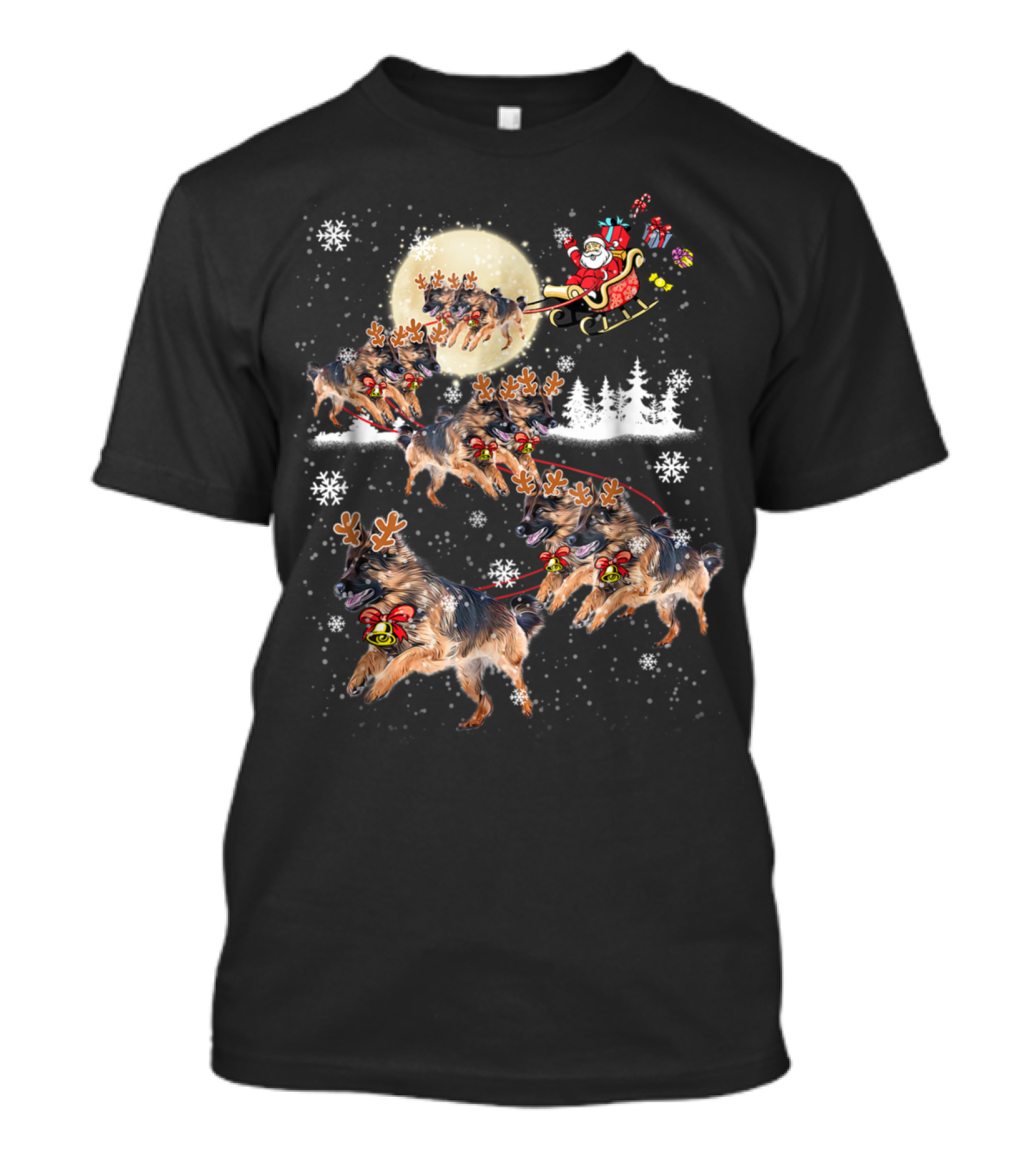 German Shepherd Dogs Pulling Santa's Sleigh In Snowy Christmas Scene T-Shirt