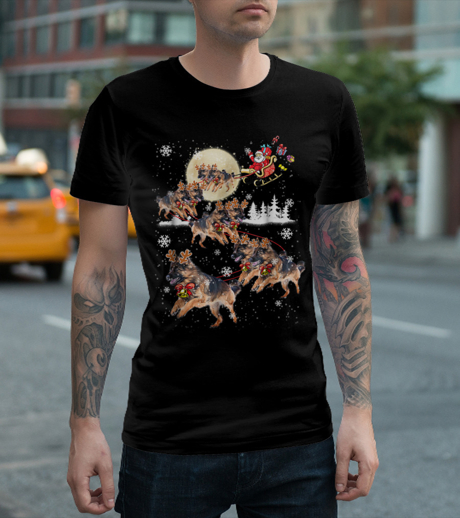 German Shepherd Dogs Pulling Santa's Sleigh In Snowy Christmas Scene T-Shirt