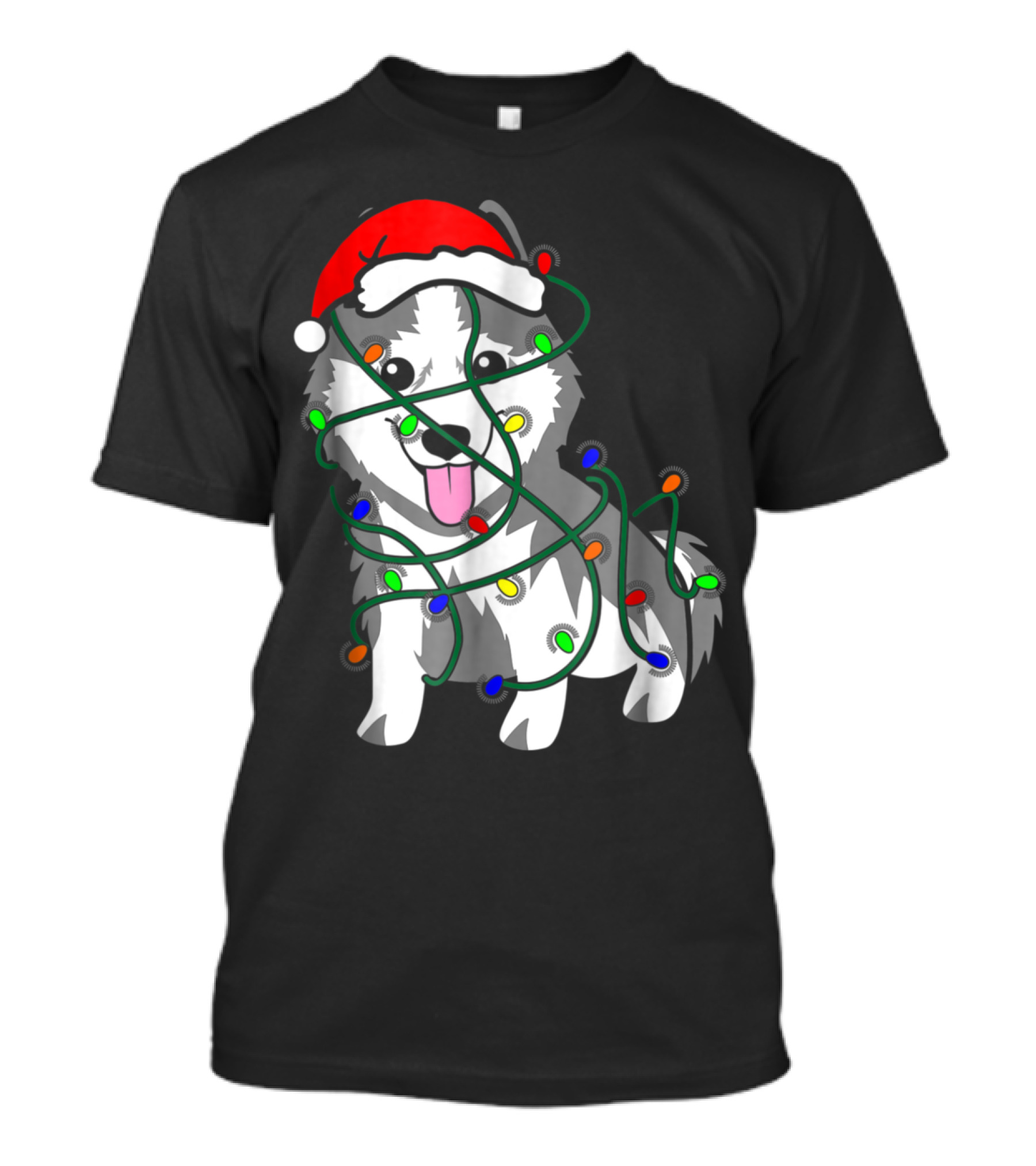 Christmas Lights Husky Dog In Santa Hat Tangled Festive Holiday Image T-Shirt
