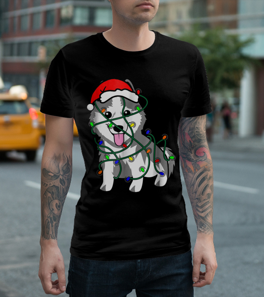 Christmas Lights Husky Dog In Santa Hat Tangled Festive Holiday Image T-Shirt