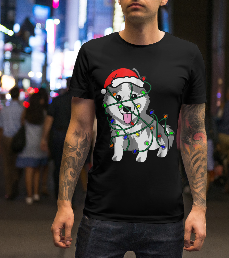 Christmas Lights Husky Dog In Santa Hat Tangled Festive Holiday Image T-Shirt