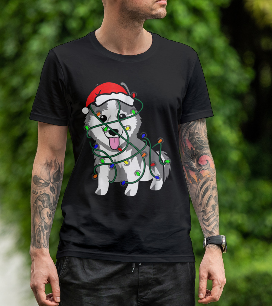 Christmas Lights Husky Dog In Santa Hat Tangled Festive Holiday Image T-Shirt