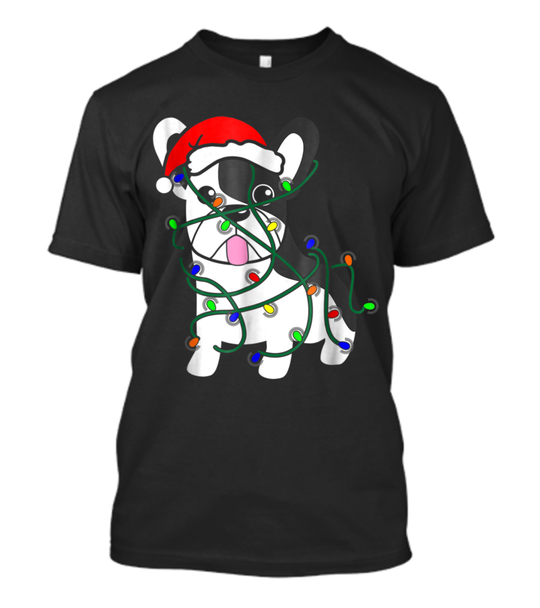 Santa Hat French Bulldog Wrapped In Christmas Lights Funny Holiday T-Shirt