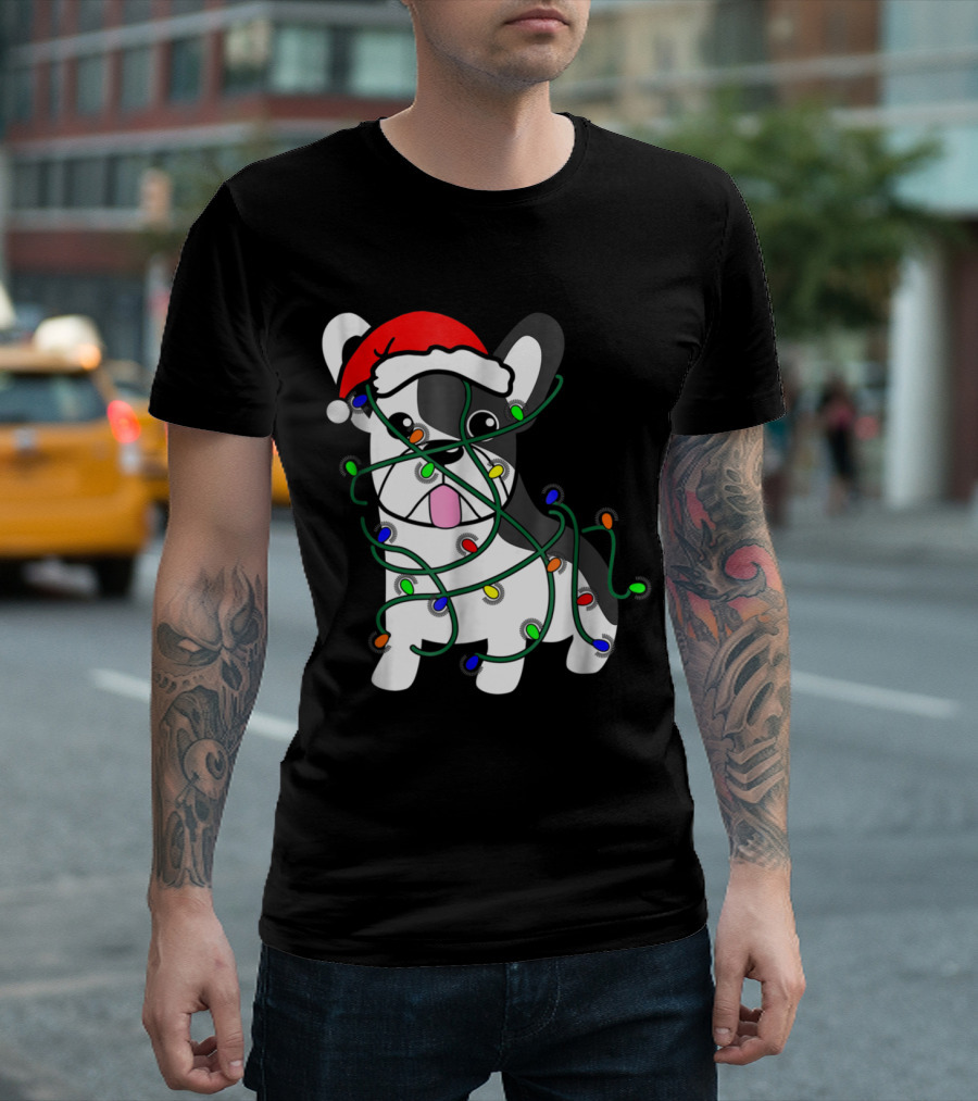 Santa Hat French Bulldog Wrapped In Christmas Lights Funny Holiday T-Shirt