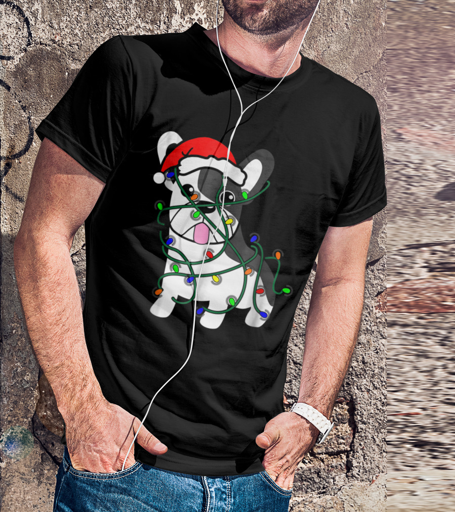 Santa Hat French Bulldog Wrapped In Christmas Lights Funny Holiday T-Shirt