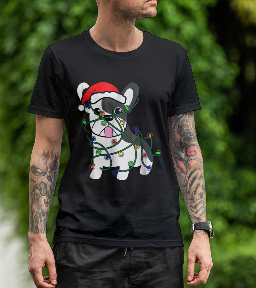 Santa Hat French Bulldog Wrapped In Christmas Lights Funny Holiday T-Shirt