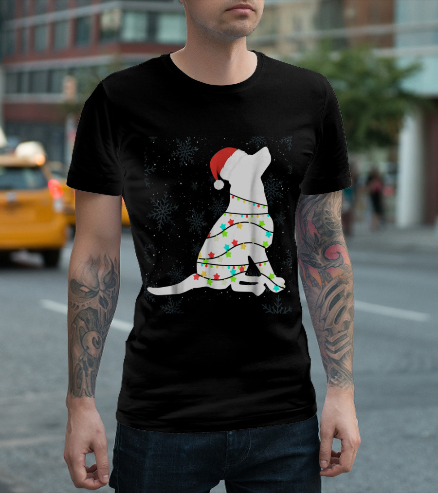 Labrador Retriever Wrapped in Christmas Lights and Santa Hat with Snowflakes T-Shirt