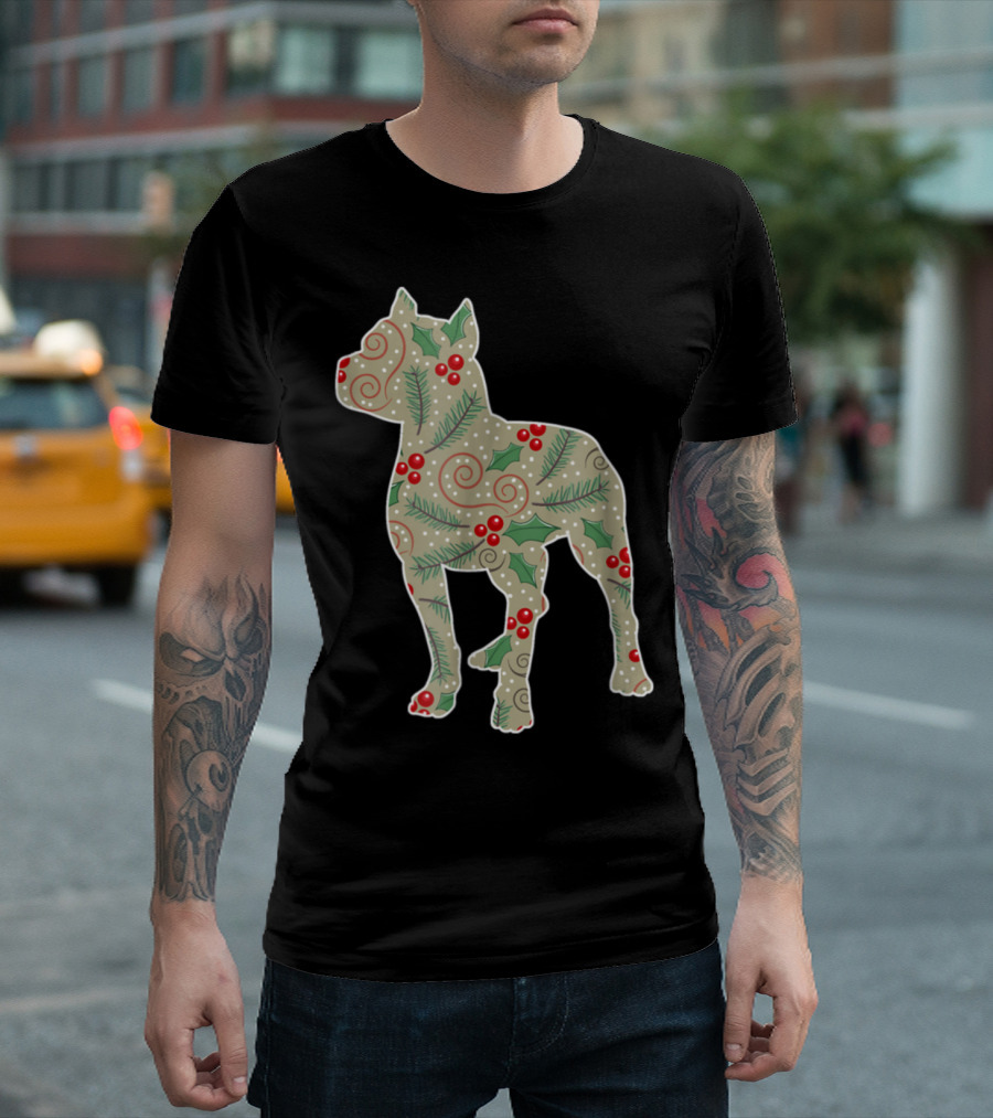 Christmas Pitbull Festive Holly And Evergreen T-Shirt