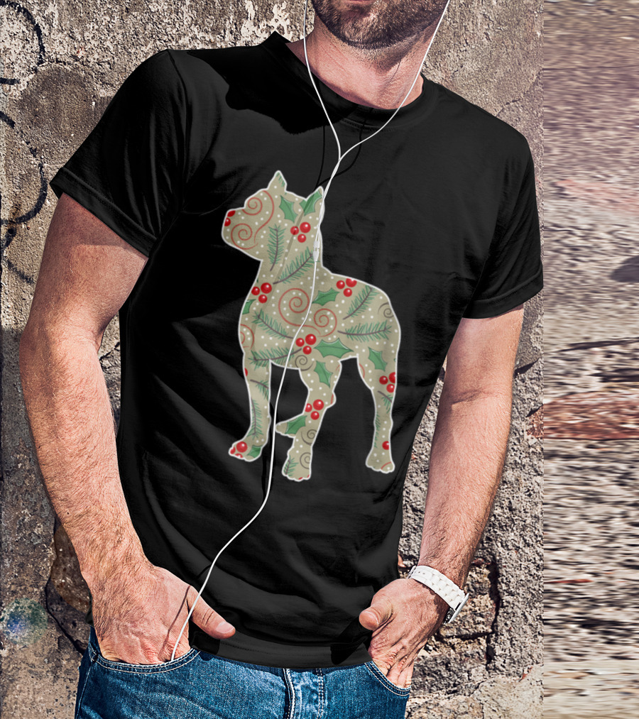 Christmas Pitbull Festive Holly And Evergreen T-Shirt