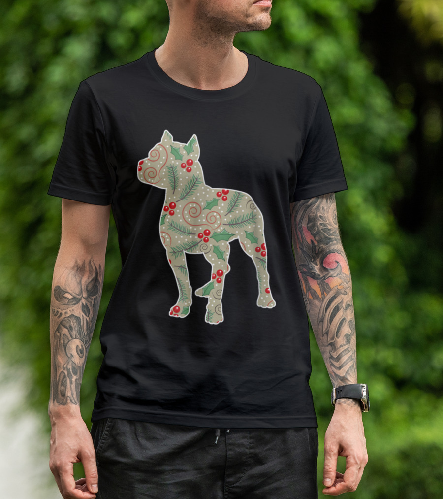 Christmas Pitbull Festive Holly And Evergreen T-Shirt