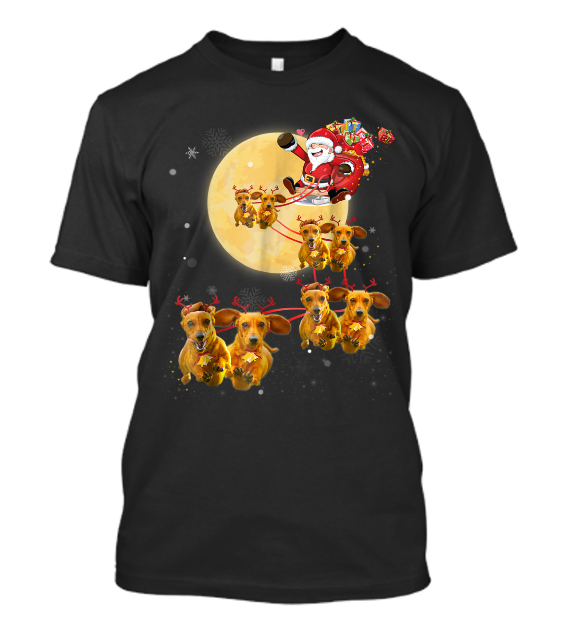 Santa's Sleigh Pulled By Reindeer Dachshund Dogs Against Full Moon T-Shirt