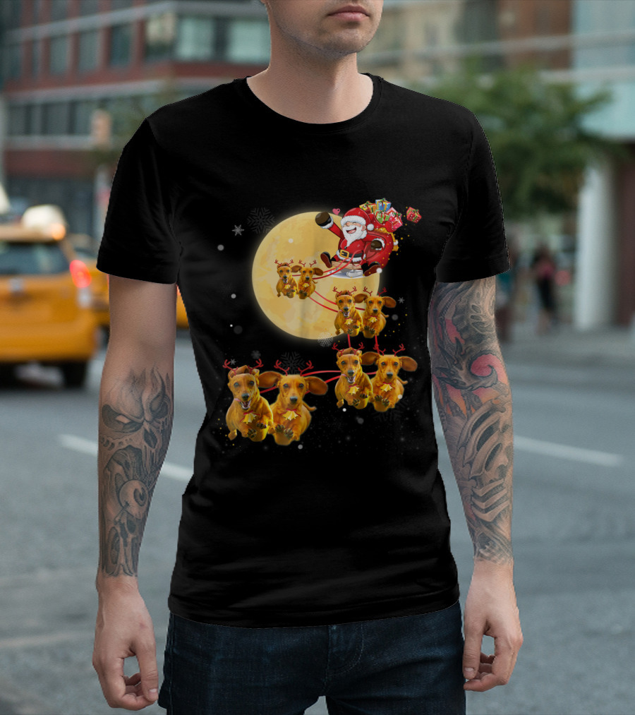 Santa's Sleigh Pulled By Reindeer Dachshund Dogs Against Full Moon T-Shirt
