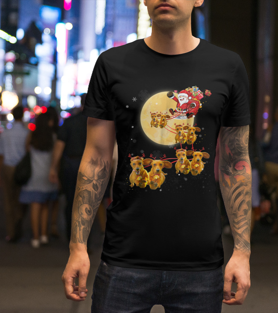 Santa's Sleigh Pulled By Reindeer Dachshund Dogs Against Full Moon T-Shirt