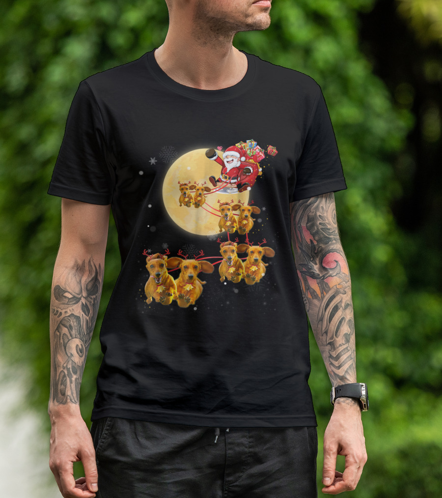 Santa's Sleigh Pulled By Reindeer Dachshund Dogs Against Full Moon T-Shirt