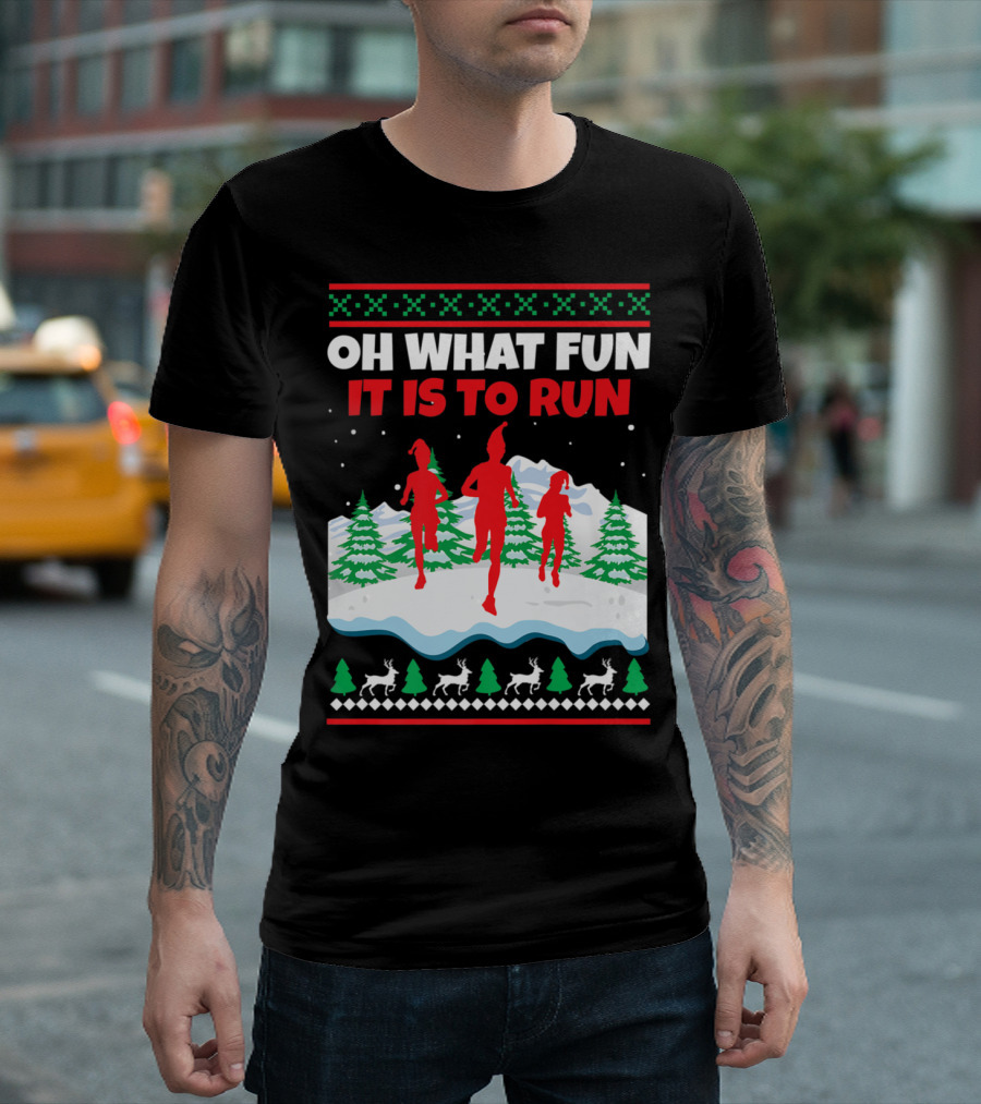 Oh What Fun It Is to Run Christmas Runners with Festive Reindeer and Trees T-Shirt