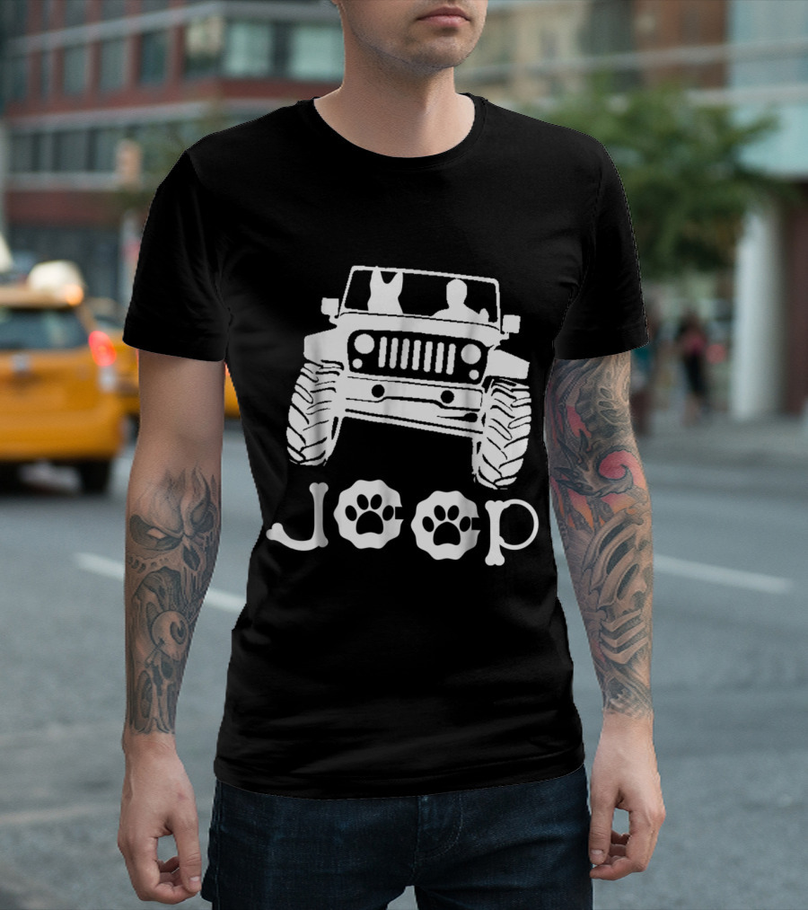 German Shepherd Dog Riding Jeep with Paw Print Lettering T-Shirt