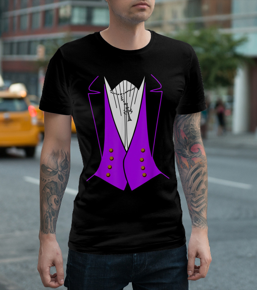Dracula Halloween Purple Tuxedo with White Shirt and Gold Button Details T-Shirt