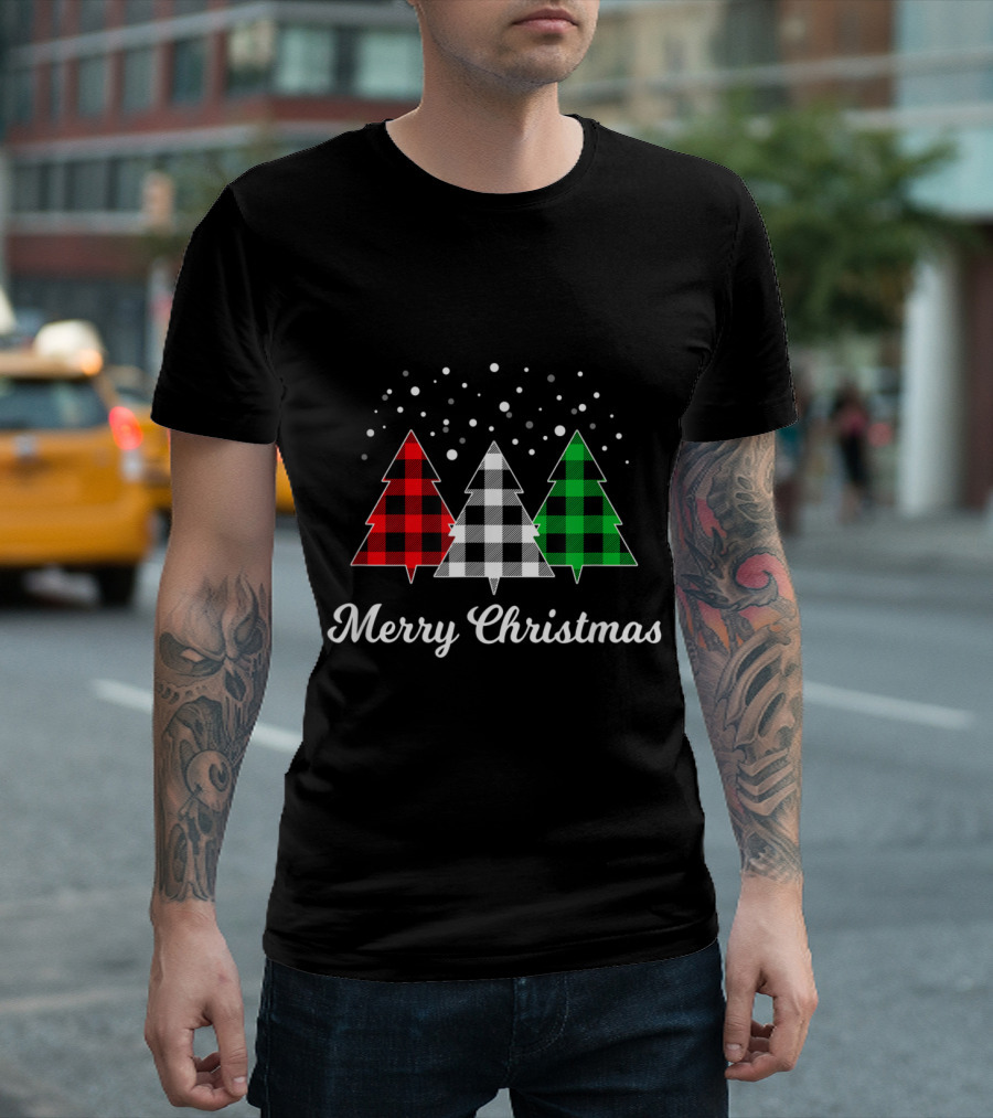 Merry Christmas Buffalo Plaid Trees with Falling Snowflakes T-Shirt