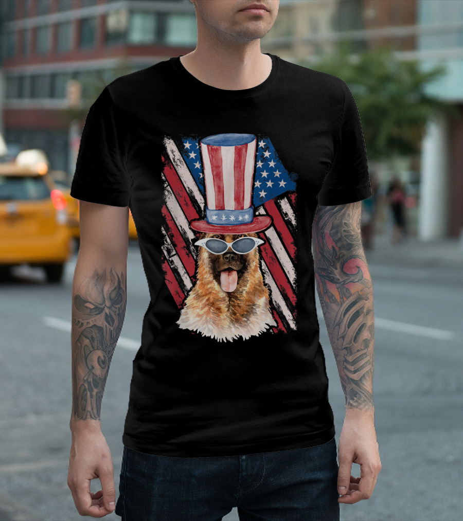 German Shepherd Dog Patriotic Uncle Sam Hat US Flag Sunglasses T-Shirt