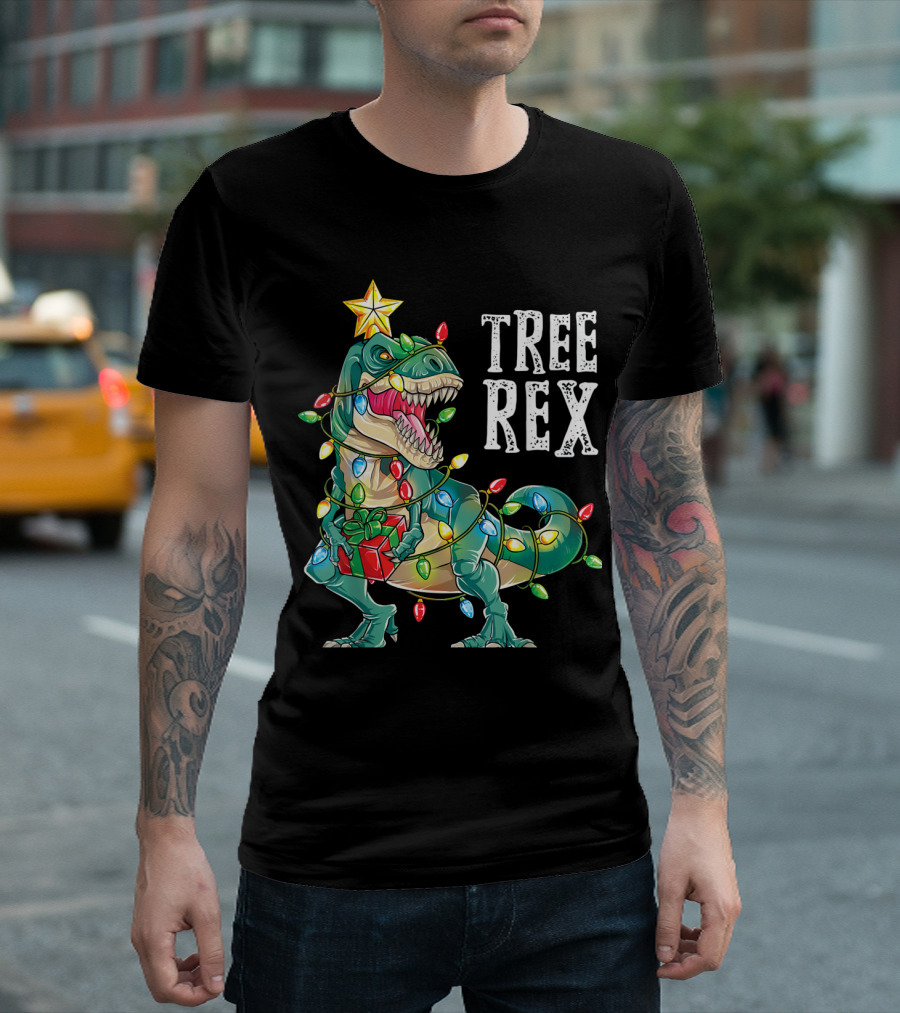 Christmas Tree Rex Dinosaur with Lights and Star T-Shirt