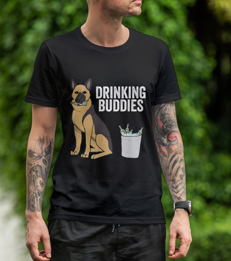 German Shepherd With Beer Bottle And Ice Bucket - Drinking Buddies T-Shirt