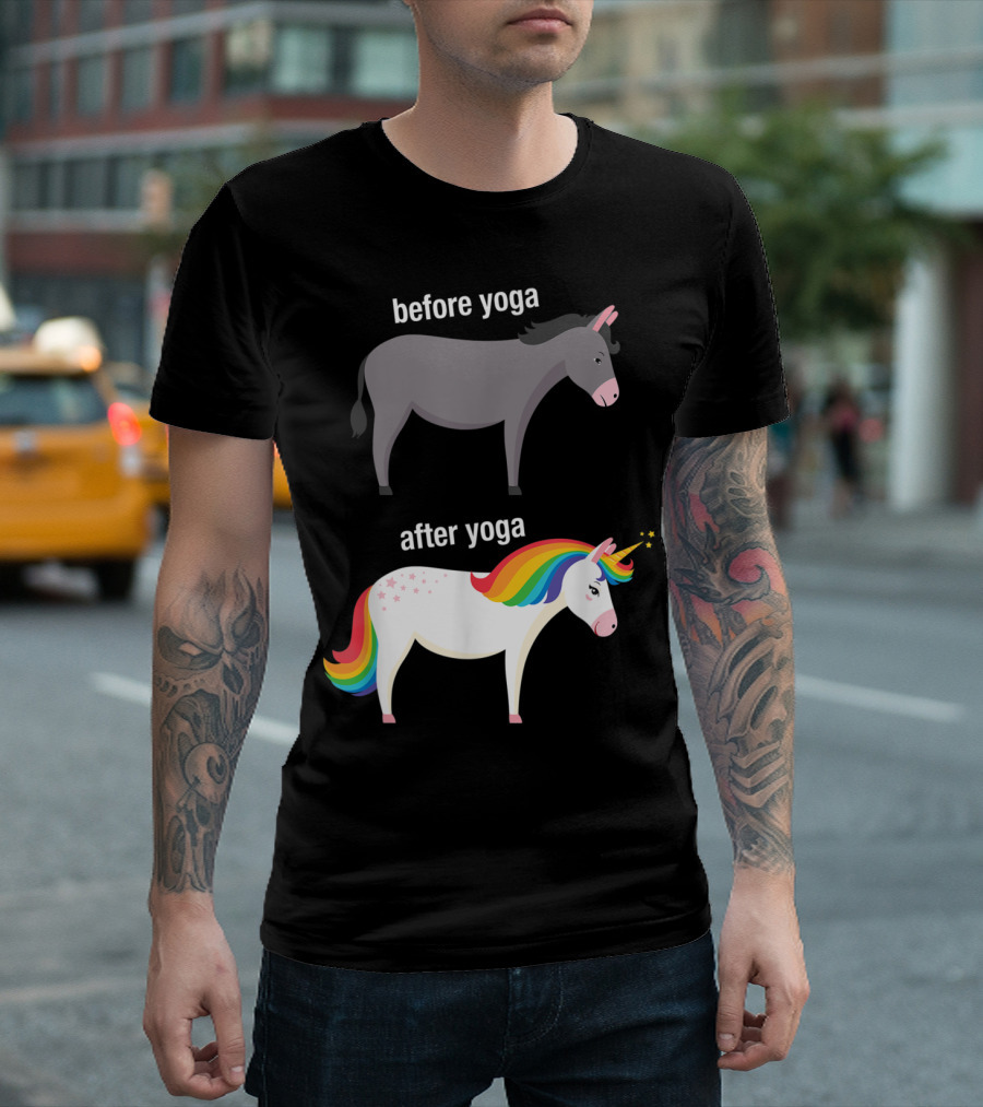 Before Yoga Gray Donkey After Yoga Rainbow Unicorn Transformation T-Shirt