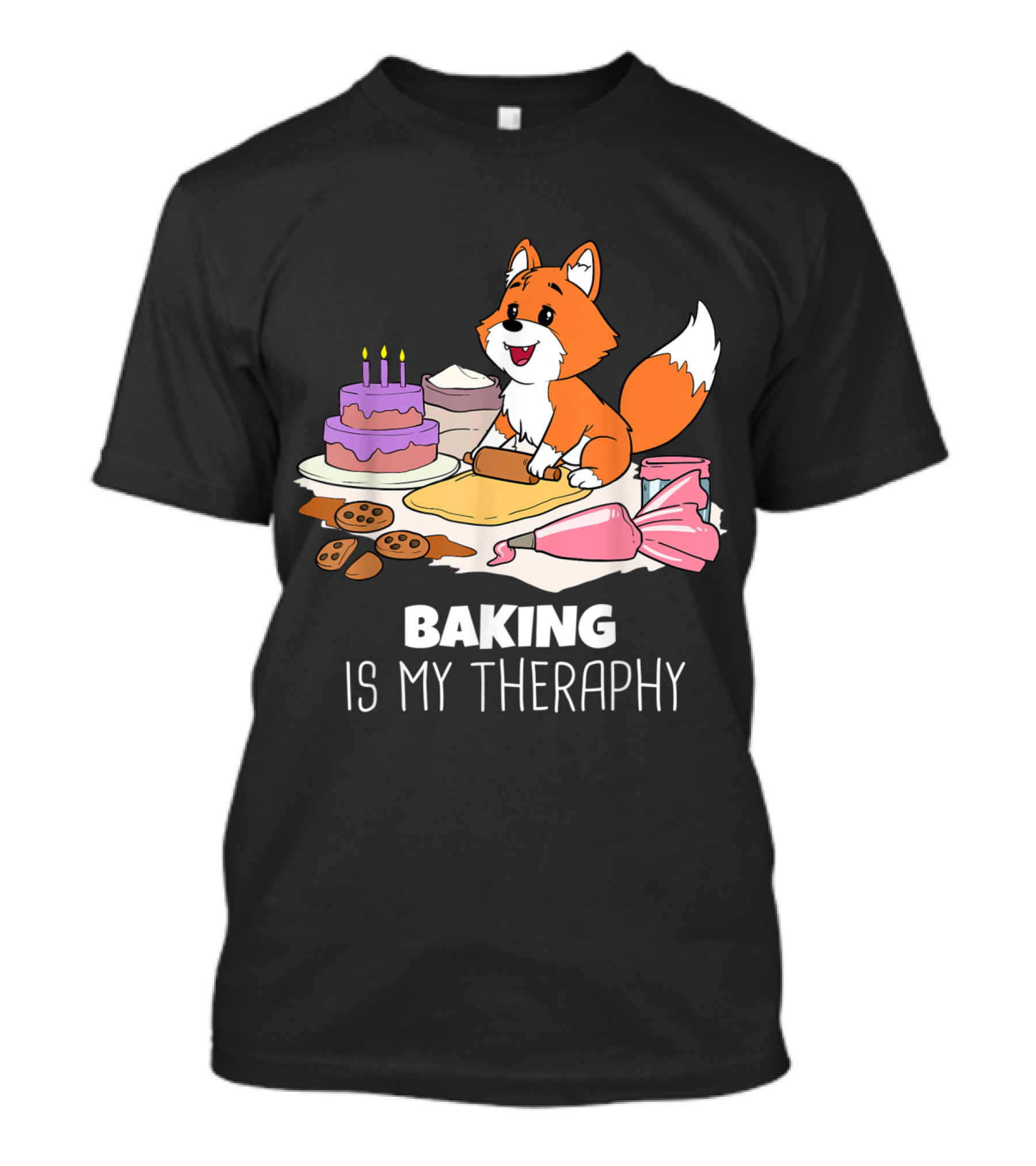 Baking Is My Therapy Cute Fox With Rolling Dough And Sweet Treats T-Shirt